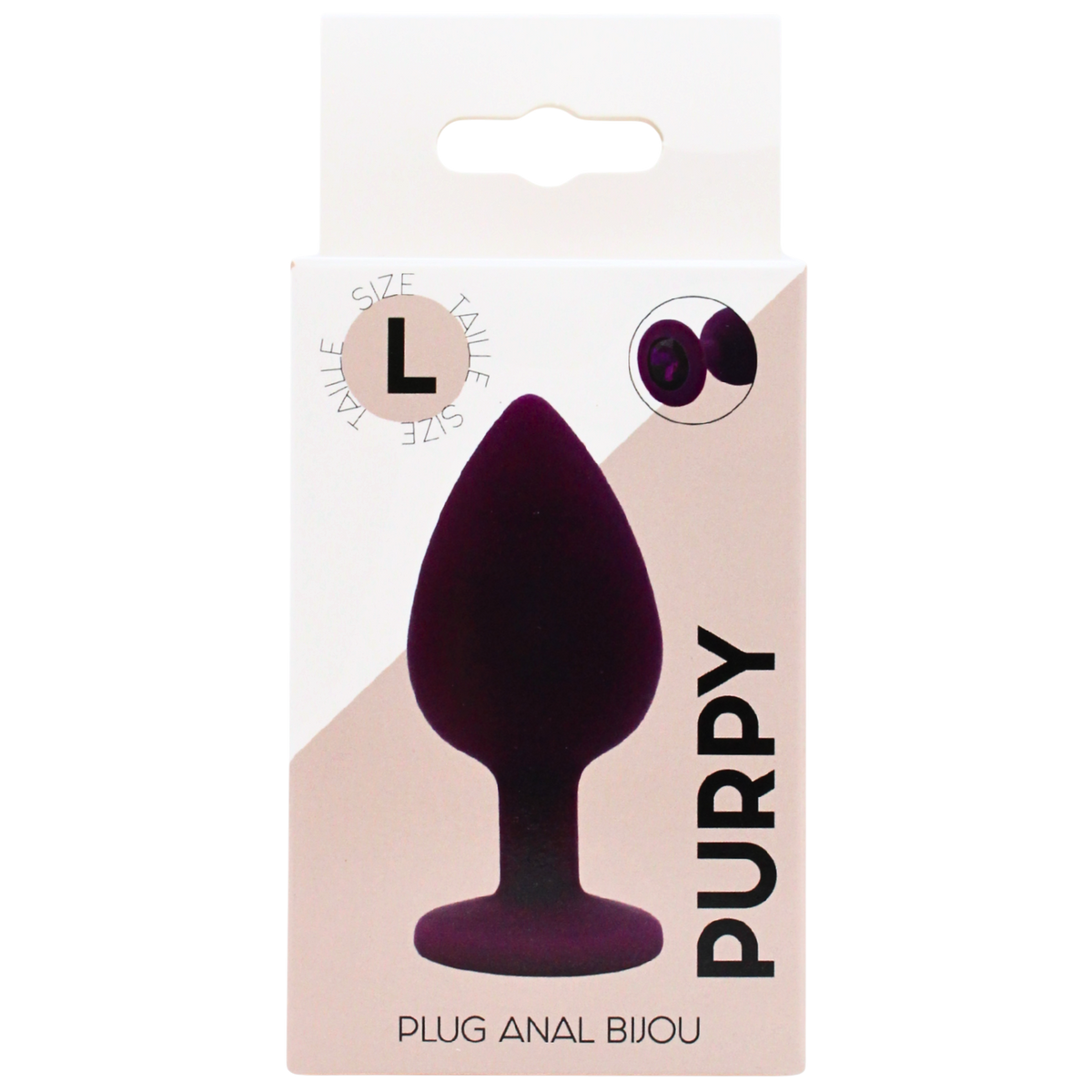 Boite du plug anal bijou Purpy taille L, emballage rose et blanc avec plug violet en silicone medical - Oh My God'Z