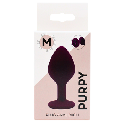 Boite du plug anal bijou Purpy taille M, packaging rose et blanc, plug violet en silicone medical - Oh My God'Z