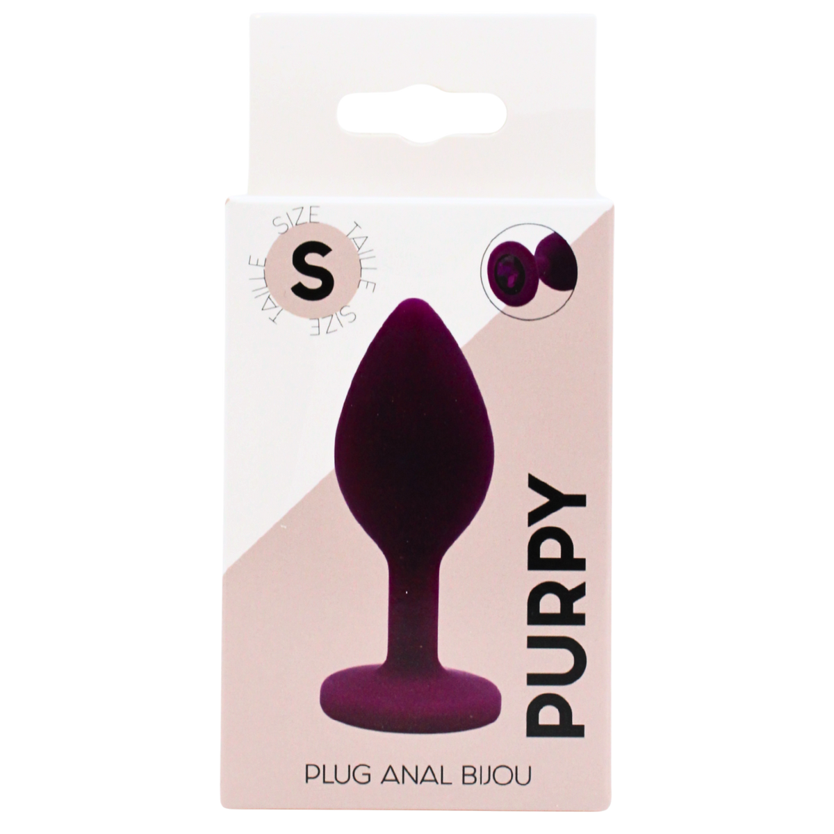 Boite blanche et rose du plug anal bijou Purpy taille S, visuel du plug violet en silicone medical - Oh My God'Z