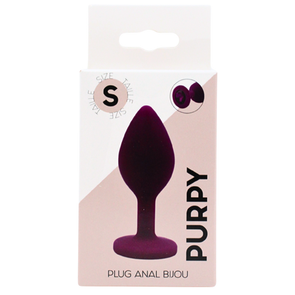 Boite blanche et rose du plug anal bijou Purpy taille S, visuel du plug violet en silicone medical - Oh My God'Z