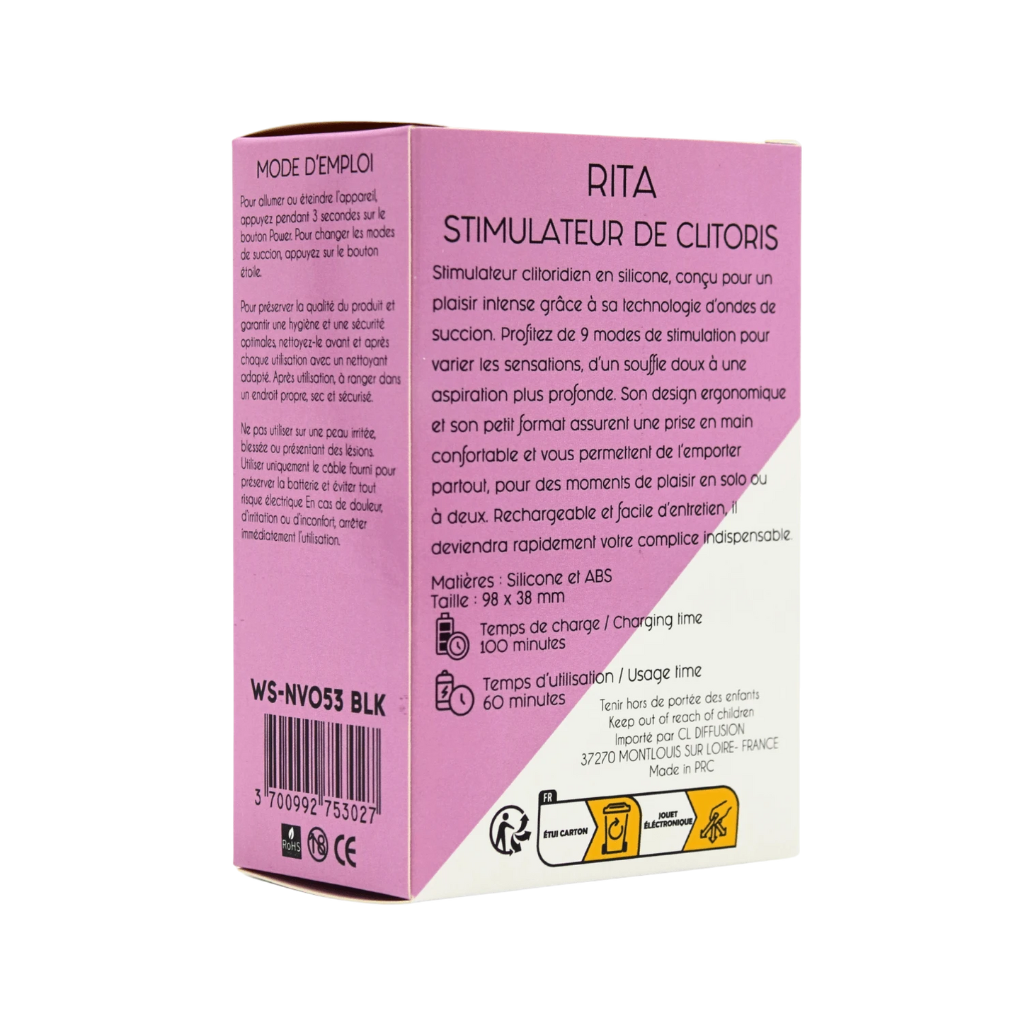 Boîte rose du stimulateur Rita, vue arrière avec informations produit et mode d'emploi en français - Oh My God'Z