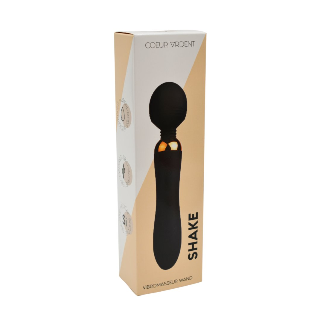 Boite d'emballage beige et blanche du vibromasseur wand Shake noir Coeur Ardent en silicone - Oh My God'Z