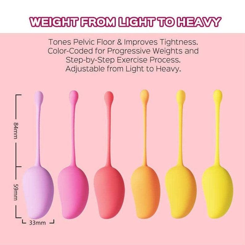 Progression des 6 boules Kegel Mango de 40g à 115g avec dimensions 84mm x 33mm en silicone coloré - Oh My God'Z