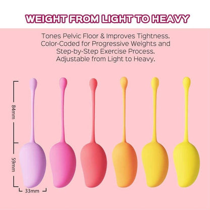 Progression des 6 boules Kegel Mango de 40g à 115g avec dimensions 84mm x 33mm en silicone coloré - Oh My God'Z