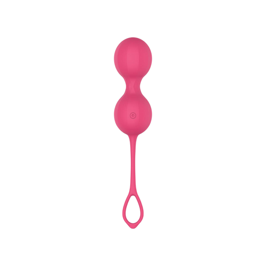 Boules de geisha Stella EasyConnect roses en silicone, vue de face avec bouton et cordon a anneau - Oh My God'Z