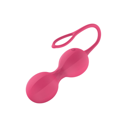Boules de geisha vibrantes Stella roses en silicone, vue trois quarts du bouton et de la boucle - Oh My God'Z