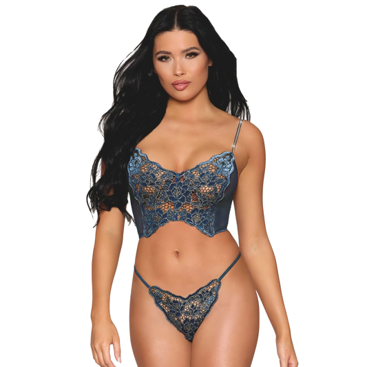Bustier dentelle florale bleue avec découpe centrale et string assorti, bretelles strass argenté - Oh My God'Z