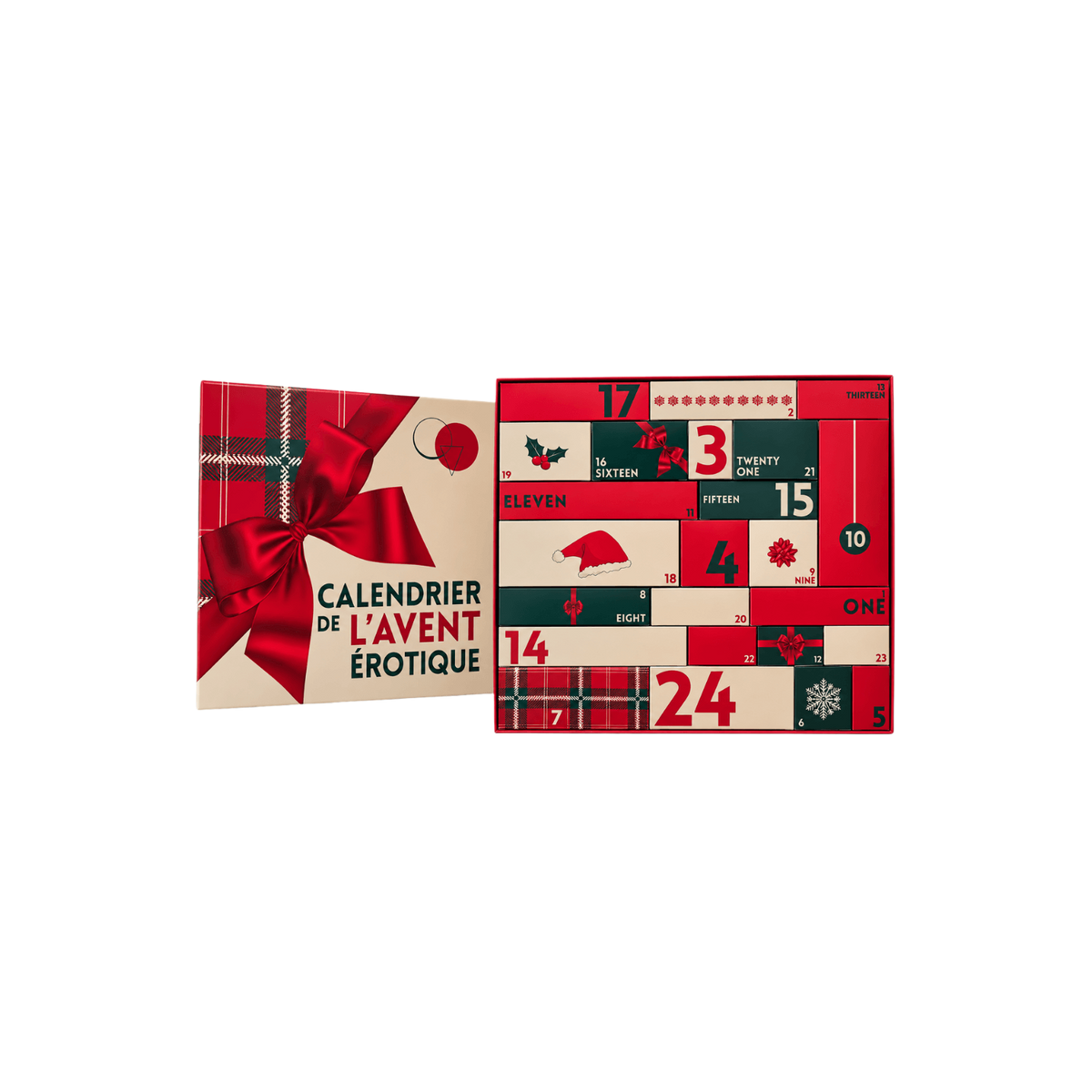 Calendrier de l'Avent erotique ouvert montrant ses 24 cases numerotees rouge, vert et beige - Oh My God'Z