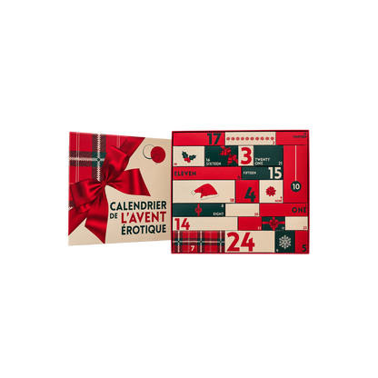 Calendrier de l'Avent erotique ouvert montrant les 24 cases numerotees rouges et vertes en carton - Oh My God'Z