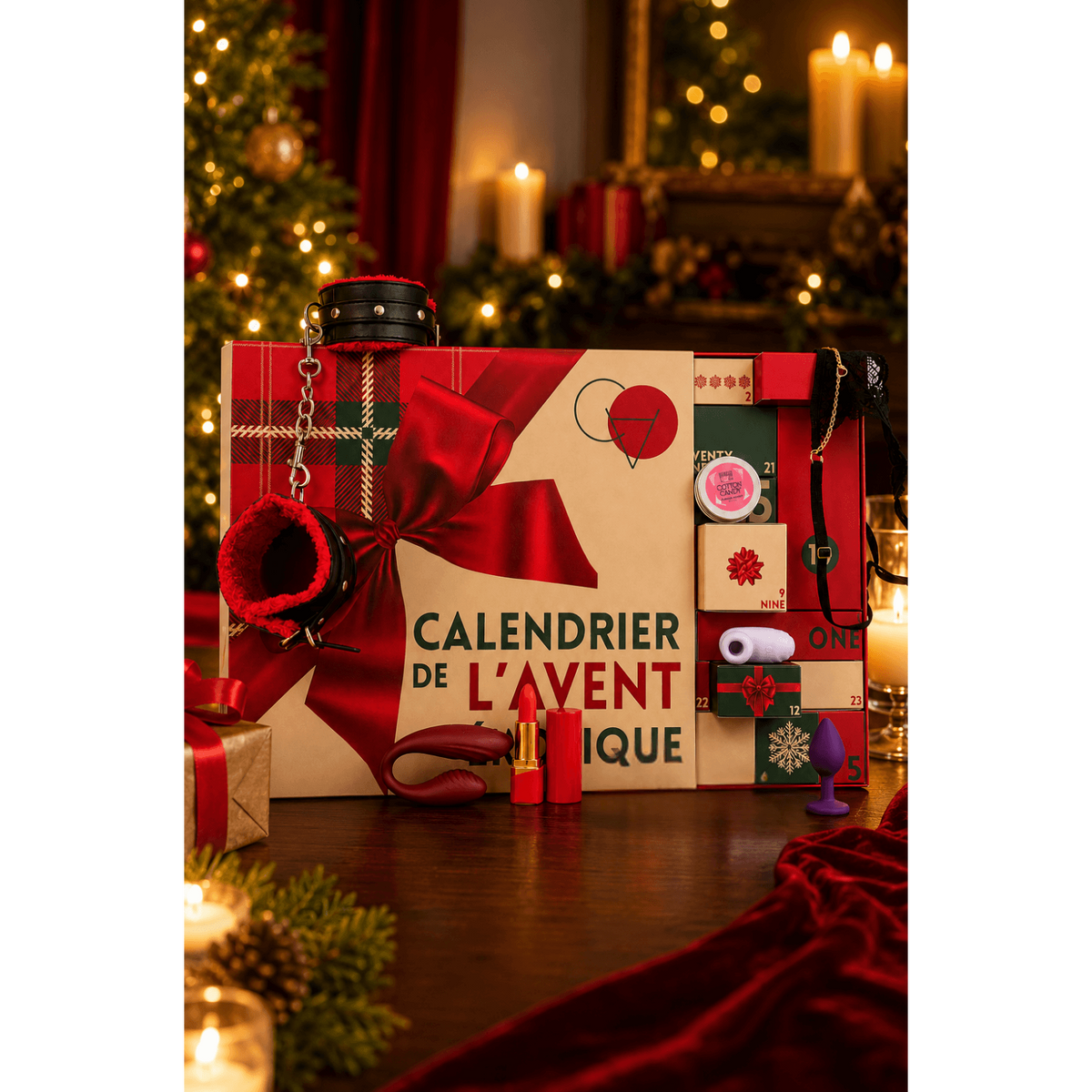Calendrier de l'Avent erotique en ambiance Noel avec menottes, plug violet et vibromasseur rouge - Oh My God'Z