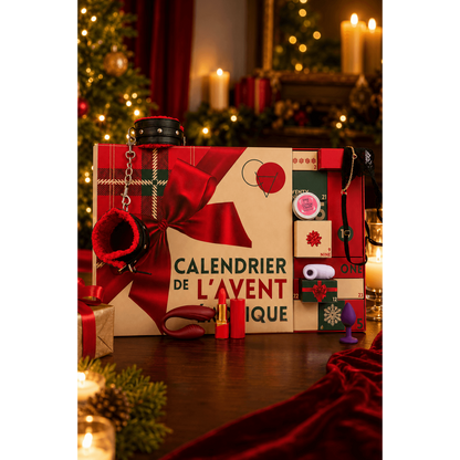 Calendrier de l'Avent erotique en ambiance Noel avec menottes, plug violet et vibromasseur rouge - Oh My God'Z