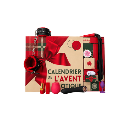 Coffret calendrier de l'Avent erotique rouge et beige avec menottes, fouet, vibromasseur et plug violet - Oh My God'Z