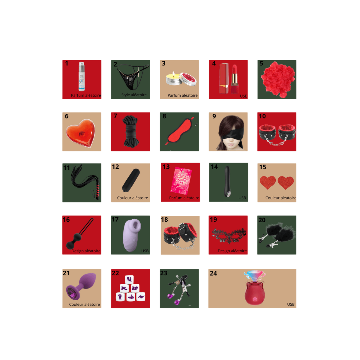 Planche des 24 surprises du calendrier erotique : sextoys, menottes, corde, masque et cosmetiques - Oh My God'Z