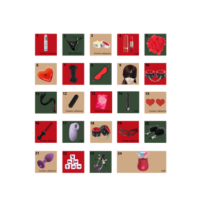 Planche des 24 surprises du calendrier erotique : sextoys, menottes, corde, masque et cosmetiques - Oh My God'Z