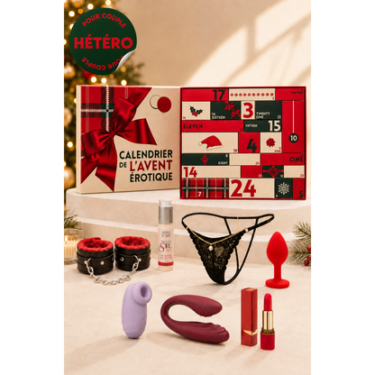 Calendrier de l'Avent erotique rouge et beige ouvert avec sextoys, string dentelle noire et menottes - Oh My God'Z