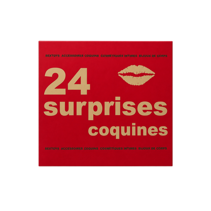 Dos du coffret rouge du calendrier de l'Avent erotique 24 surprises coquines, lettrage dore - Oh My God'Z