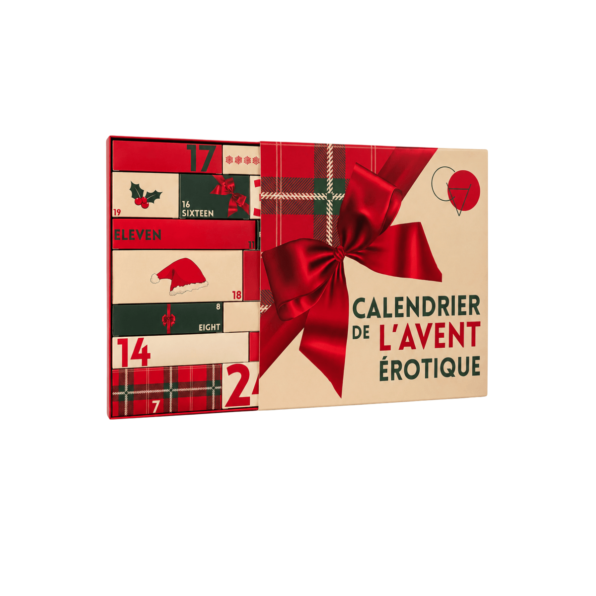 Calendrier de l'Avent erotique entrouvert, packaging beige et rouge a noeud satin et motif tartan - Oh My God'Z