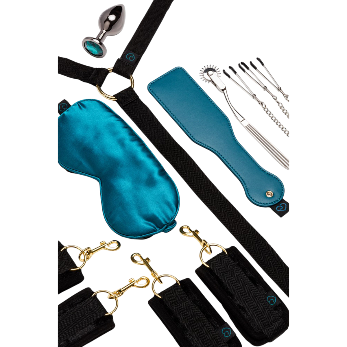 Accessoires bondage soft du calendrier Avent Luxury : masque satin bleu, menottes, paddle, plug et pinces - Oh My God'Z