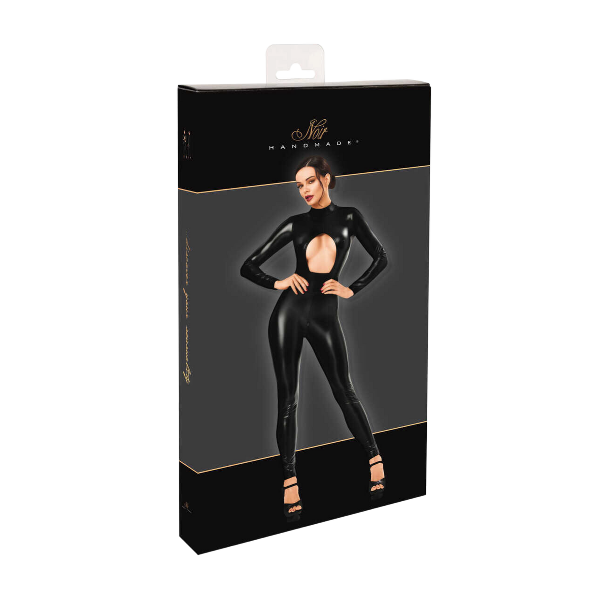 Boite d'emballage Noir Handmade presentant la combinaison catsuit noire wetlook a ouverture poitrine - Oh My God'Z