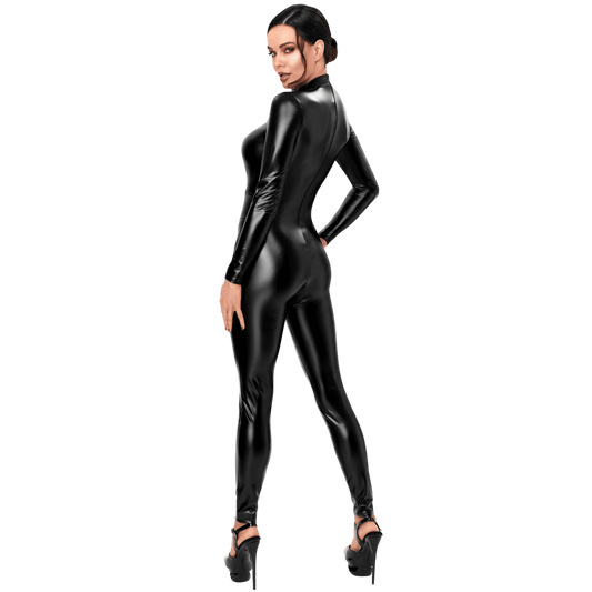 Vue de dos de la combinaison catsuit noire brillante wetlook avec zip arriere, portee par une femme - Oh My God'Z