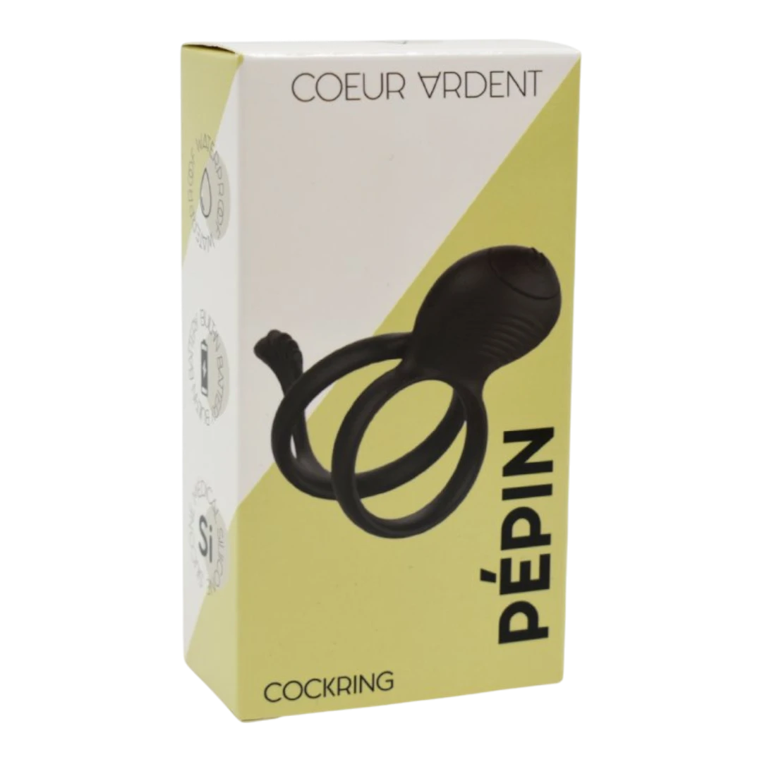 Boîte d'emballage jaune et blanche du cockring vibrant Pépin par Coeur Ardent - Oh My God'Z
