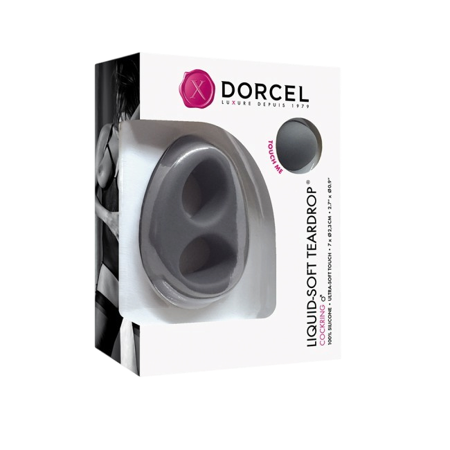 Boite d'emballage du cockring Liquid-Soft Teardrop Dorcel gris en silicone, packaging noir et blanc - Oh My God'Z