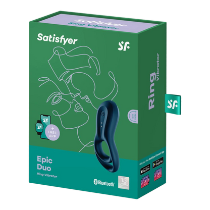 Packaging vert du cockring Satisfyer Epic Duo avec produit visible, compatible application Bluetooth - Oh My God'Z