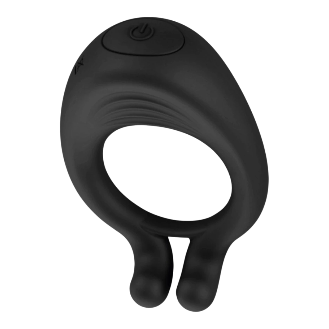 Détail cockring Octave noir en silicone avec bouton power et double anneaux texturés - Oh My God'Z