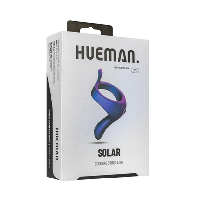 Boite du cockring vibrant Solar Hueman, emballage blanc avec visuel de l'anneau silicone violet bleu - Oh My God'Z