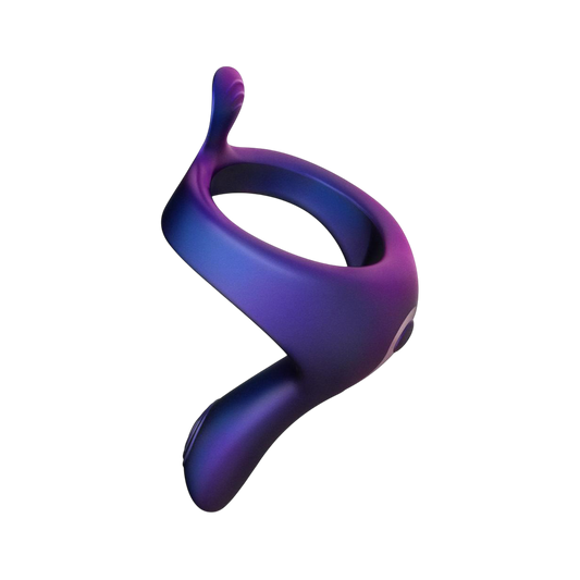 Cockring vibrant Solar Hueman en silicone violet et bleu degrade, anneau ergonomique vu de profil - Oh My God'Z
