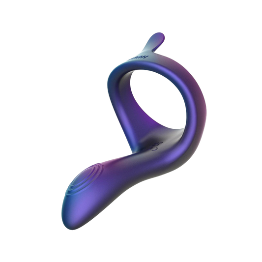 Anneau penien vibrant Solar Hueman en silicone bleu violet, bras stimulateur perineal incurve visible - Oh My God'Z