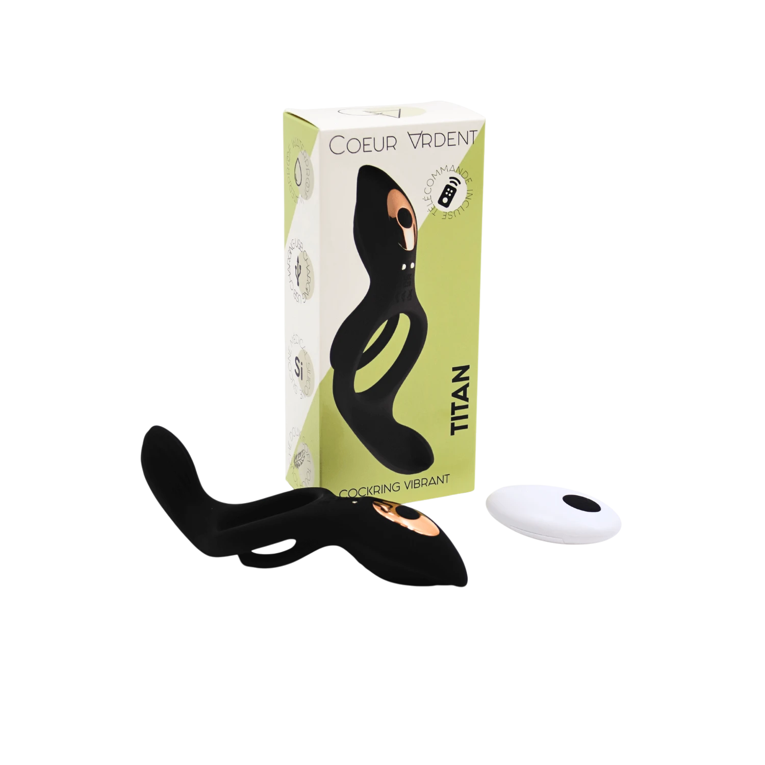 Coffret Titan cockring vibrant telecommande Coeur Ardent, packaging vert et blanc - Oh My God'Z