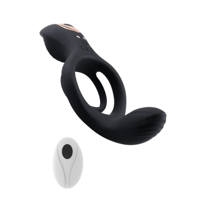 Cockring Titan noir en silicone avec telecommande ovale blanche, vue de profil - Oh My God'Z