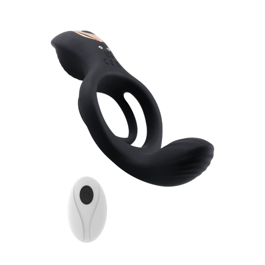 Cockring Titan noir en silicone avec telecommande ovale blanche, vue de profil - Oh My God'Z