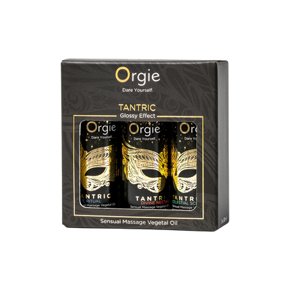 Boite cartonnee noire et doree du coffret Orgie Tantric avec trois flacons d'huile de massage vegetale - Oh My God'Z