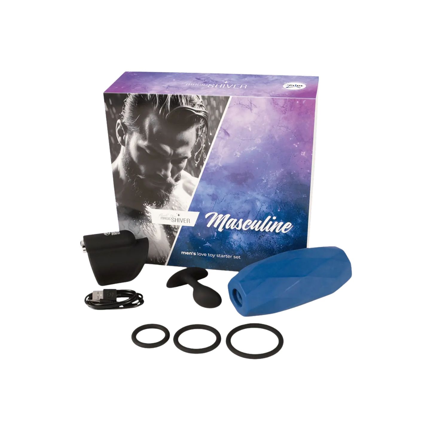 Ensemble complet Magic Shiver Masculine : masturbateur vibrant, plug anal, cockrings et manchon bleu