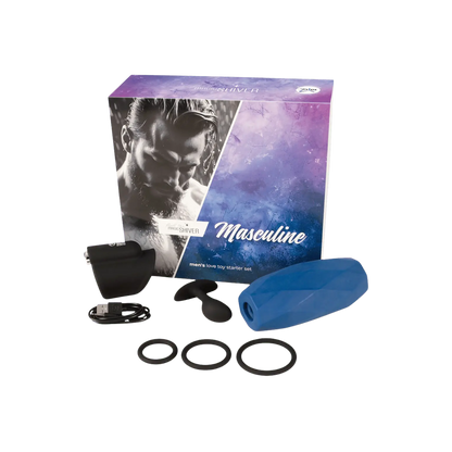 Ensemble complet Magic Shiver Masculine : masturbateur vibrant, plug anal, cockrings et manchon bleu