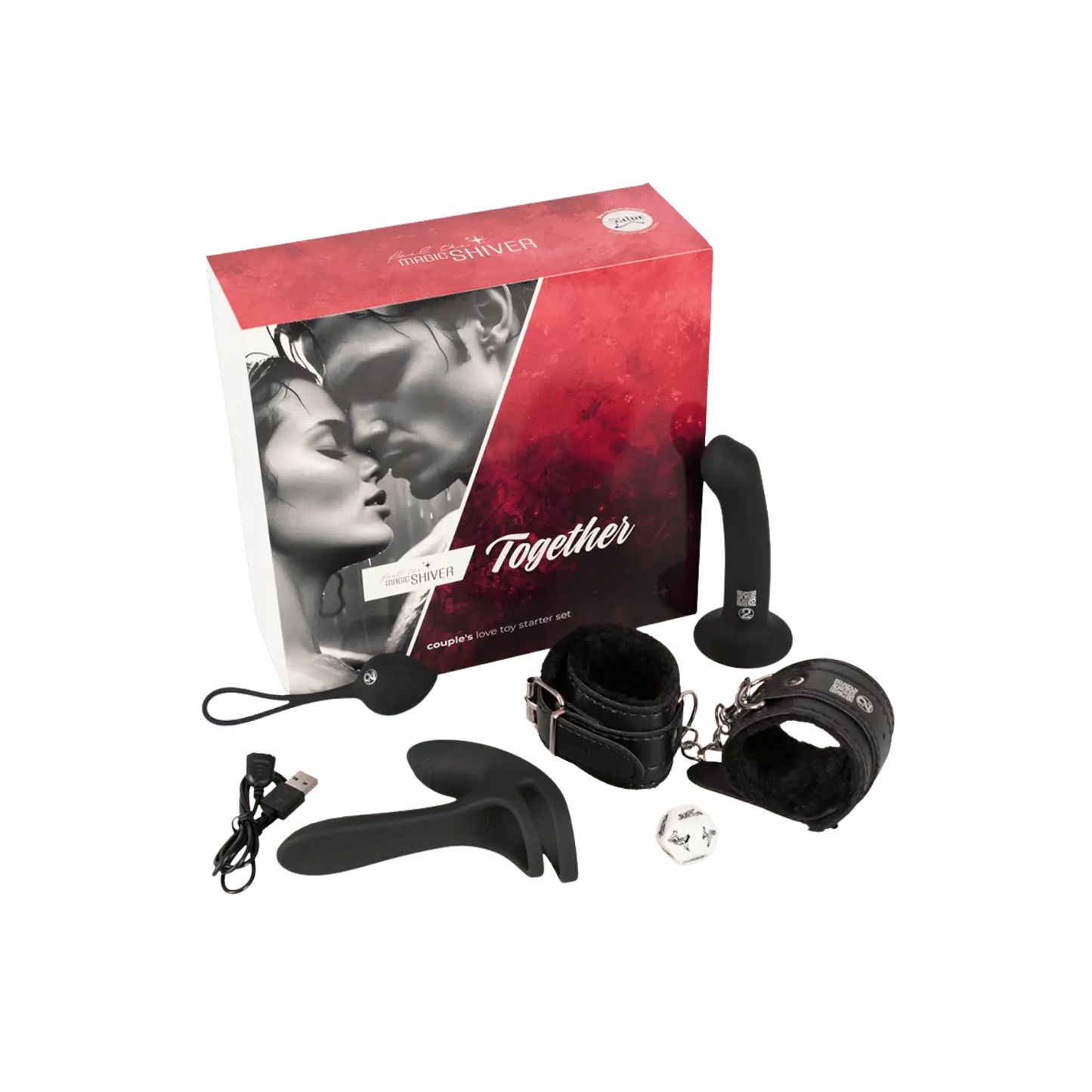 Contenu du coffret Magic Shiver Together : sextoys, menottes, boule de geisha et dés positions – set pour couples