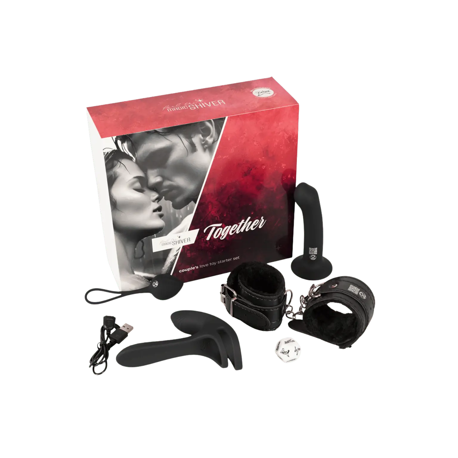 Contenu du coffret Magic Shiver Together : sextoys, menottes, boule de geisha et dés positions – set pour couples