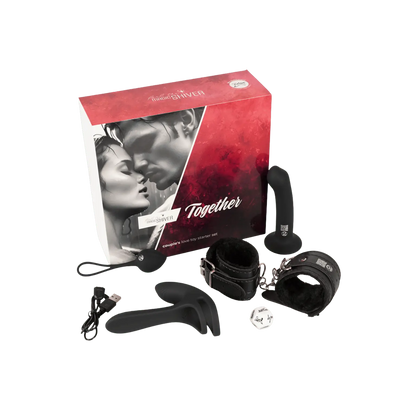 Contenu du coffret Magic Shiver Together : sextoys, menottes, boule de geisha et dés positions – set pour couples