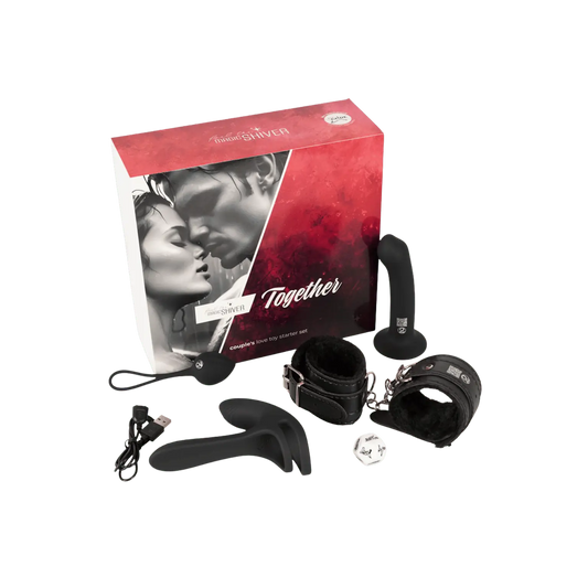 Contenu du coffret Magic Shiver Together : sextoys, menottes, boule de geisha et dés positions – set pour couples