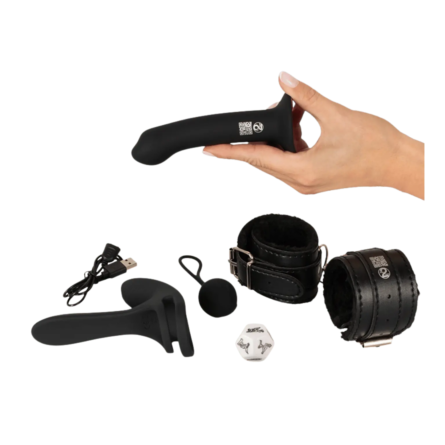 Ensemble complet Magic Shiver : vibromasseur, dildo ventouse, menottes, love ball et dés positions