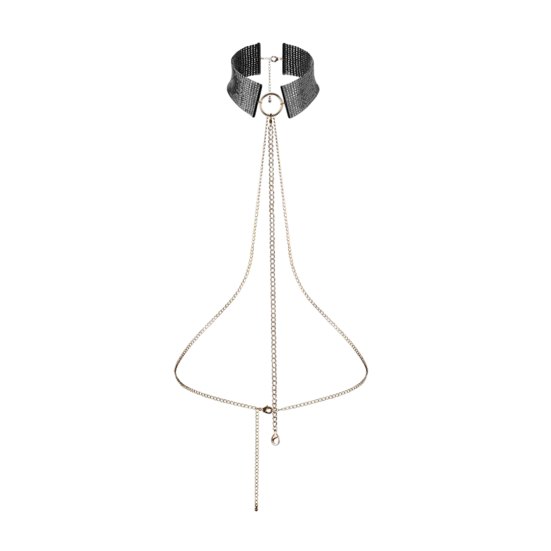Collier Desir Metallique noir en maille metallique avec anneau et harnais de chaines dorees, sur fond blanc - Oh My God'Z