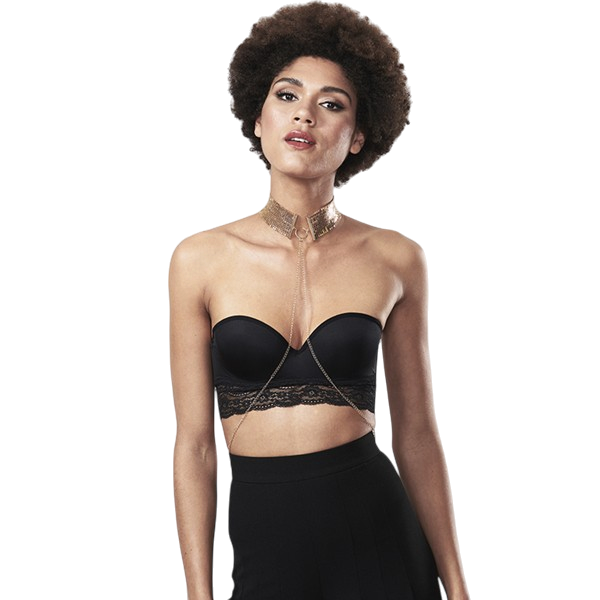 Femme en bustier noir portant le collier harnais Desir Metallique or Bijoux Indiscrets, vue de face - Oh My God'Z