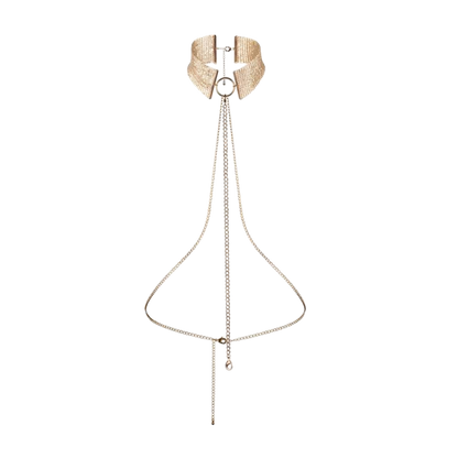 Collier harnais Desir Metallique or en maille metallique avec chaines fines et mousquetons, sur fond blanc - Oh My God'Z
