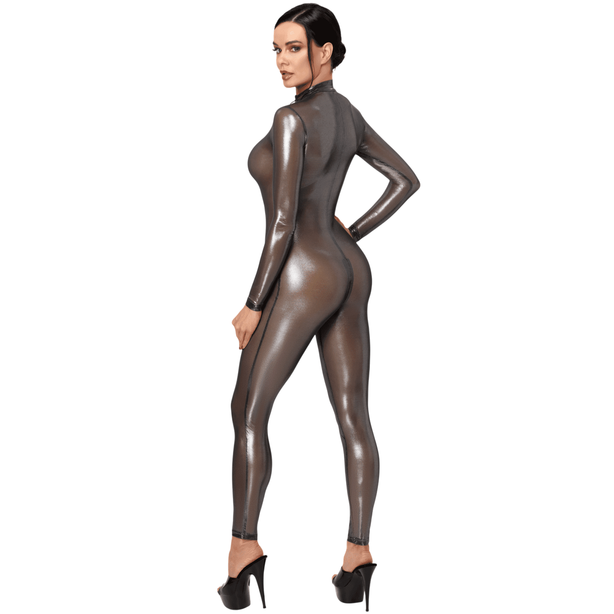 Vue de dos d'une combinaison integrale transparente argentee effet latex avec zip dorsal et col montant - Oh My God'Z