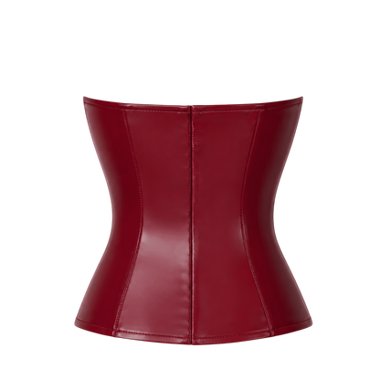Dos du corset bordeaux en wetlook enduit, coutures verticales structurantes et taille cintree - Oh My God'Z