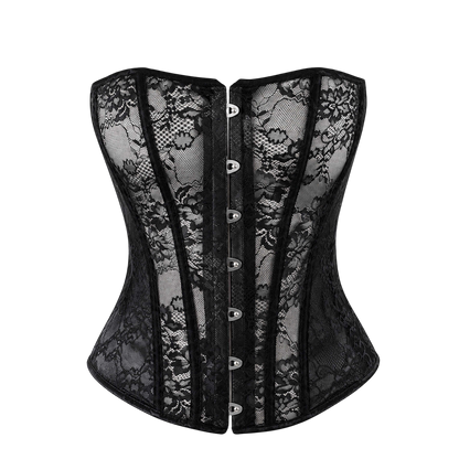 Corset noir en dentelle transparente baleine avec busc a agrafes metalliques, presente a plat de face - Oh My God'Z