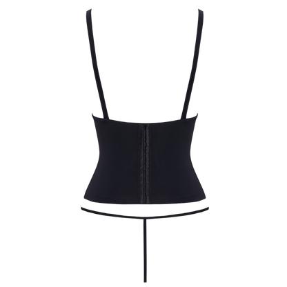 Corset noir Cottelli PARTY à plat : vue de la fermeture dos et du mini string assorti