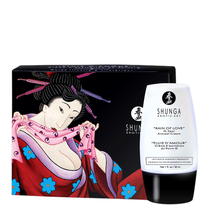 Creme point G Pluie d'Amour Shunga, flacon blanc et noir 30 ml devant son coffret illustre - Oh My God'Z